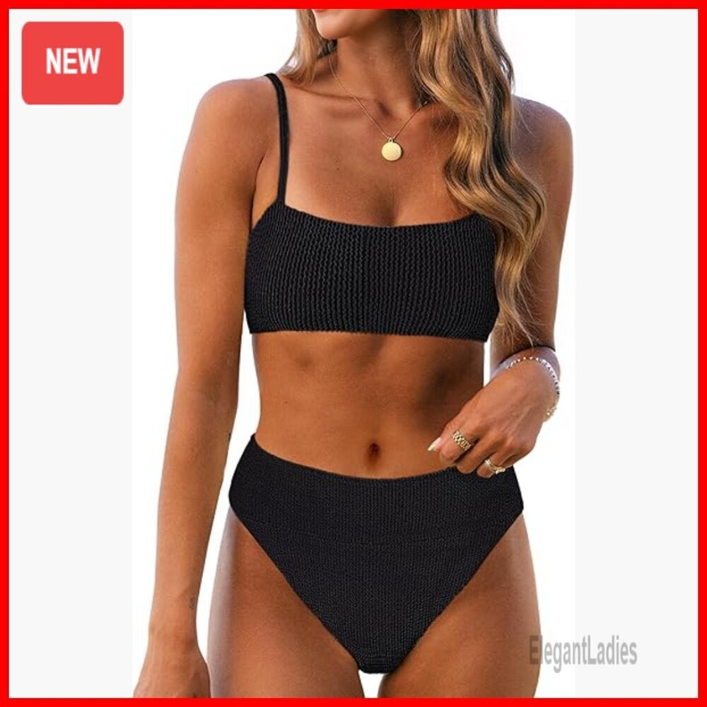 High Waisted Bikini Set Tummy Control Ribbed Texture Adjustable Straps